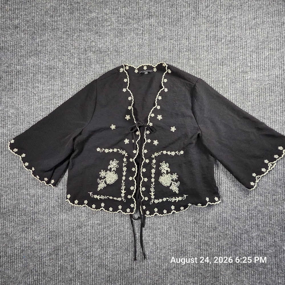 Adrianna Papell Black Floral Embroidered Scalloped Tie Front Shrug Cardigan M